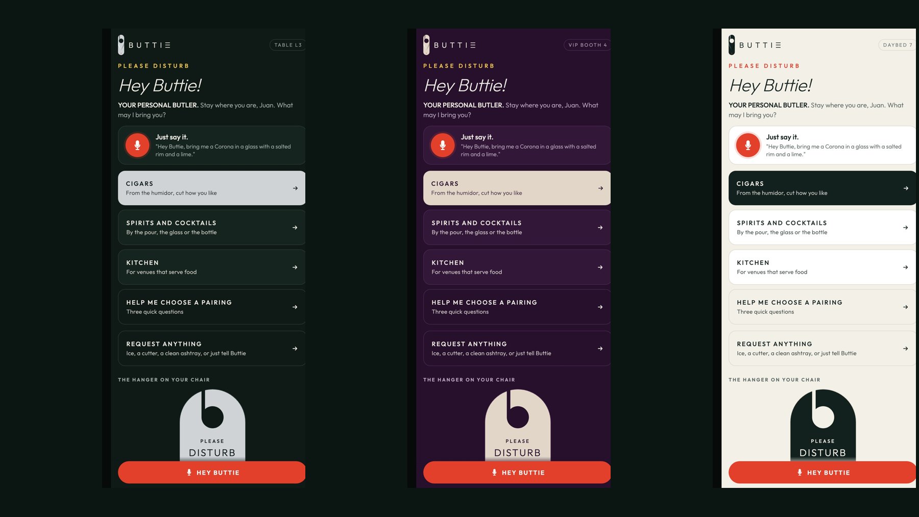 The same app in three venue colors