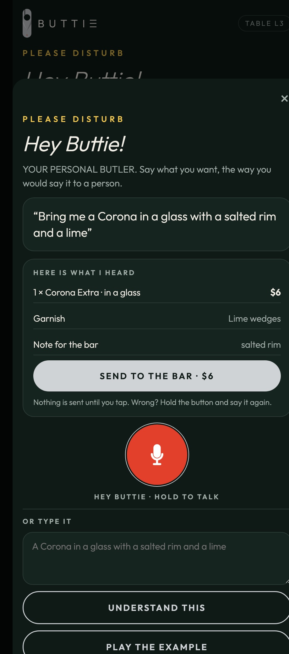 Buttie voice ordering screen
