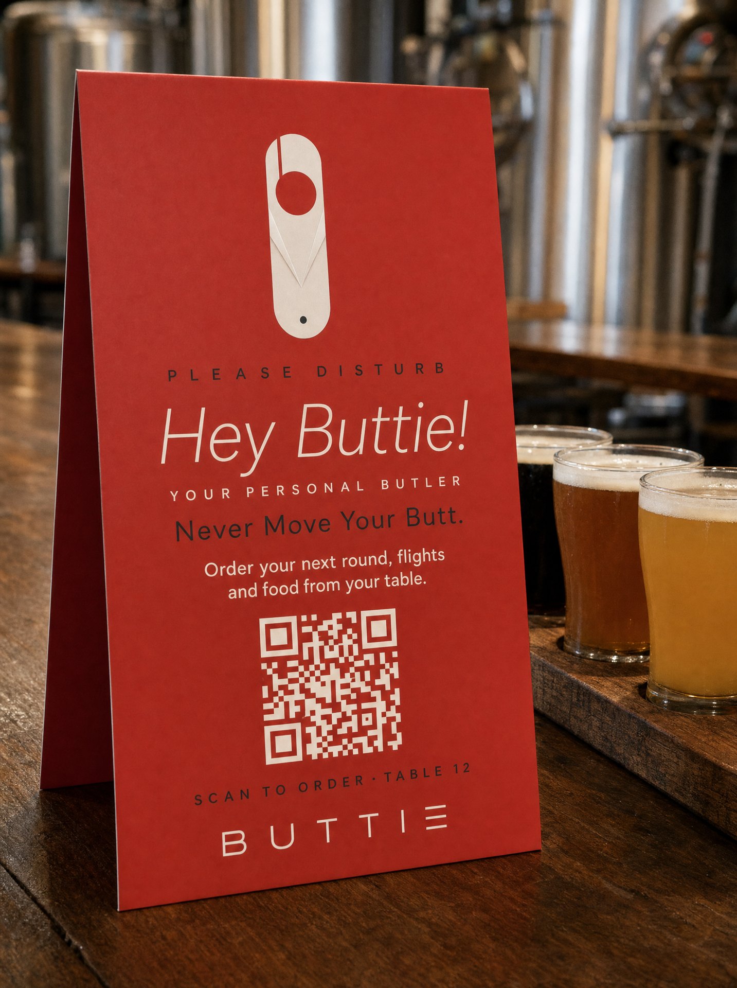 Buttie table tent, brewery tomato