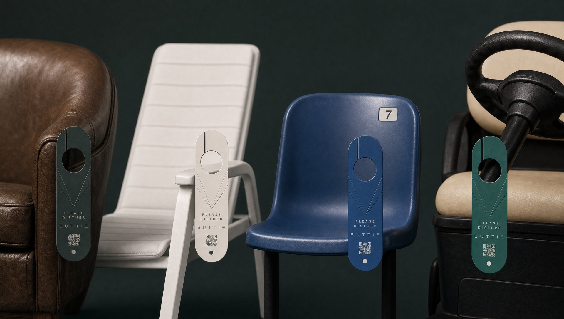 Four Buttie hangers on a club chair, a pool lounger, a stadium seat and a golf cart
