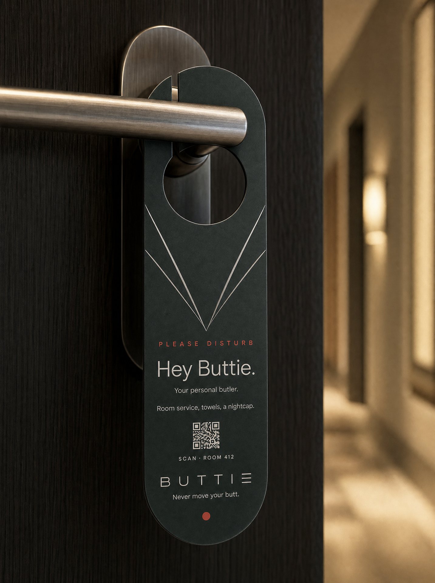 Buttie door hanger on a hotel room door handle